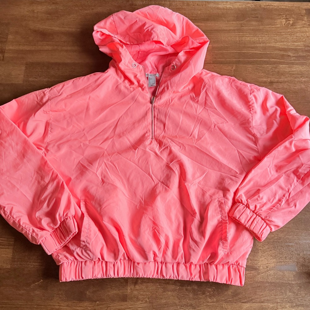 Forever 21 Neon Pink Windbreaker Quarter Zip Hooded Jacket Small